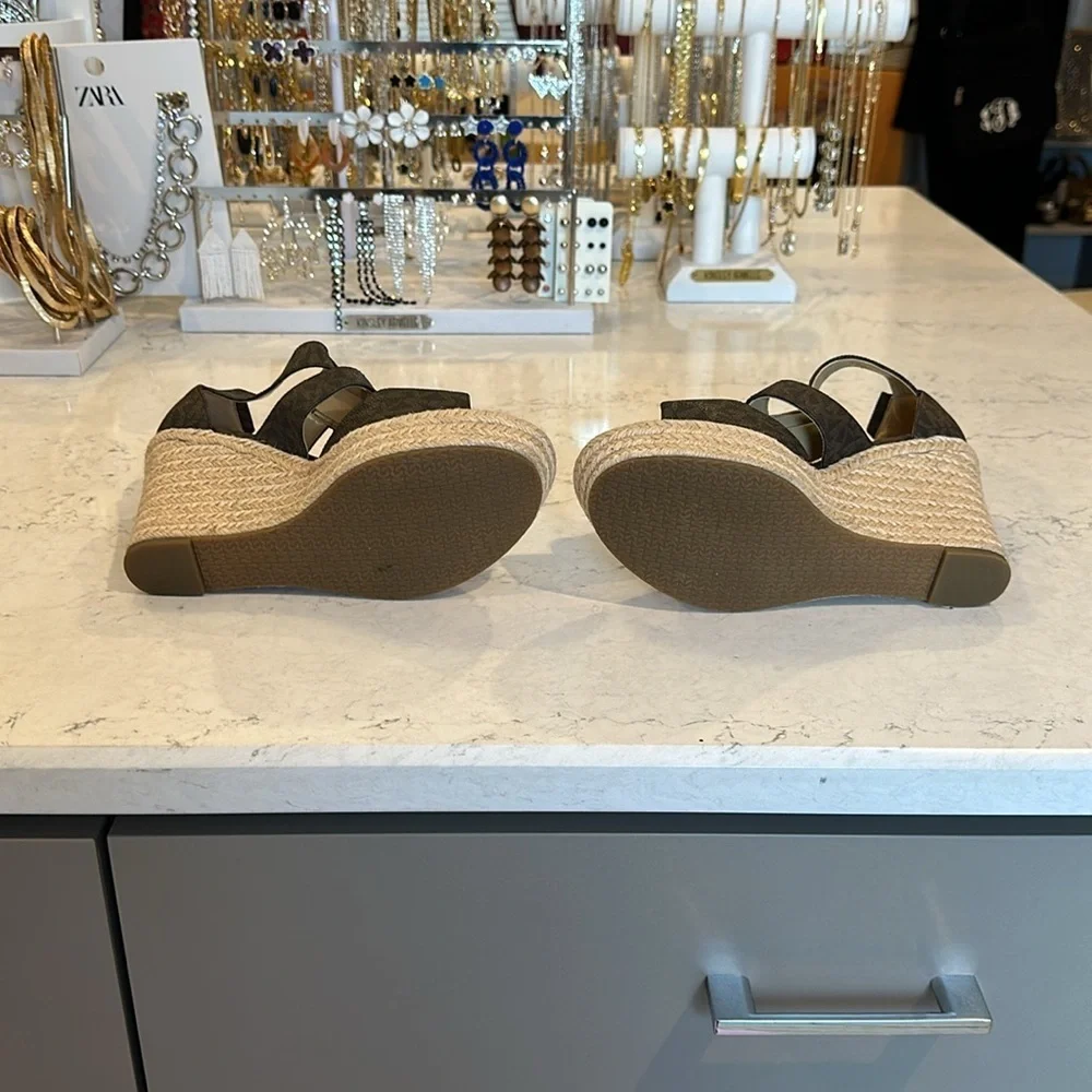 Michael Kors brown monogram wedge sandals size 7